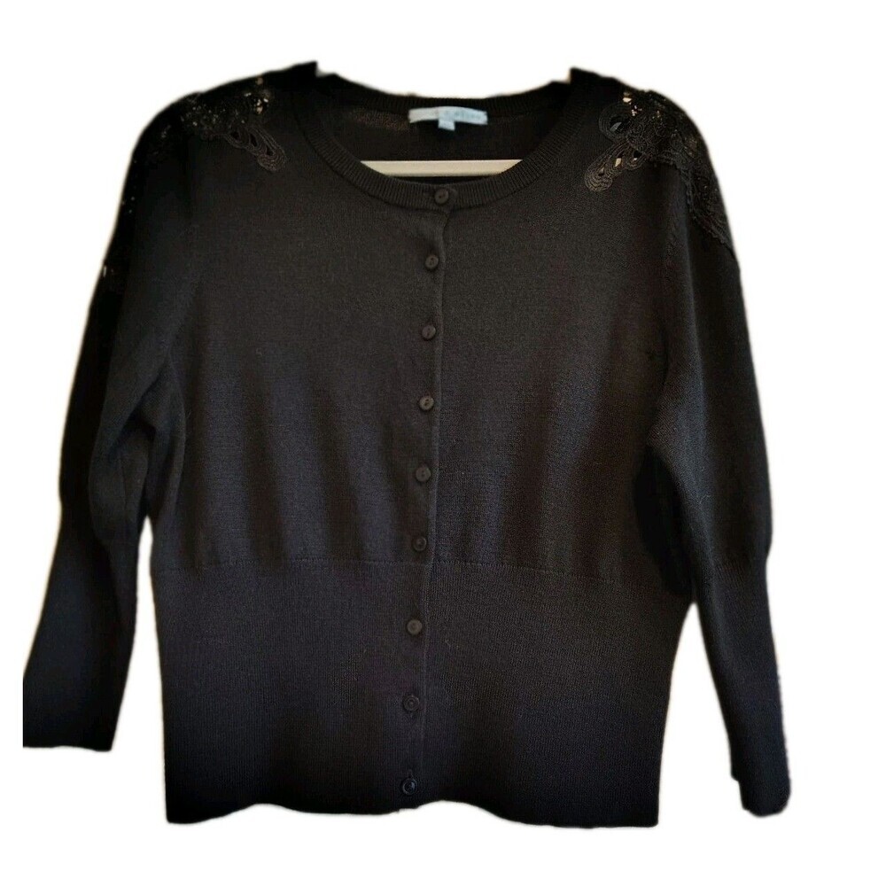 Antonio Melani Black Wool Blend Lace Shoulder Cardigan Sweater, Size L